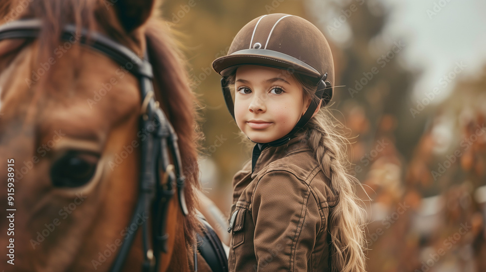 A young girl in a riding helmet standing next to a horse A young girl in a riding helmet standing next to a horse