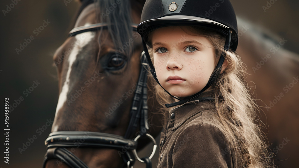 A young girl in a riding helmet standing next to a horse A young girl in a riding helmet standing next to a horse