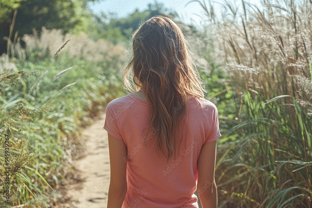 A model wearing a solid pink shirt, standing on a sandy path surrounded by tall grasses in a nature reserve. A model wearing a solid pink shirt, standing on a sandy path surrounded by tall grasses in a nature reserve.