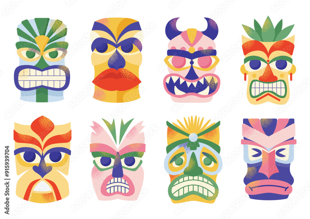 Set of tiki masks. Cartoon ceremonial tiki totem masks, Wooden Totems, Ornamental Hawaiian Mask, Fantasy African Mask Sculpture. Vector illustrations Ethnic tribal ritual masks isolated on background Set of tiki masks. Cartoon ceremonial tiki totem masks, Wooden Totems, Ornamental Hawaiian Mask, Fantasy African Mask Sculpture. Vector illustrations Ethnic tribal ritual masks isolated on background