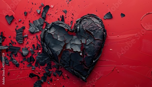 A broken black heart lies shattered on a vibrant red background, emphasizing themes of heartbreak and loss photo