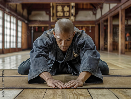 A man in a blue karate uniform is bending over on the floor. Concept of discipline and focus, as the man is in a meditative pose