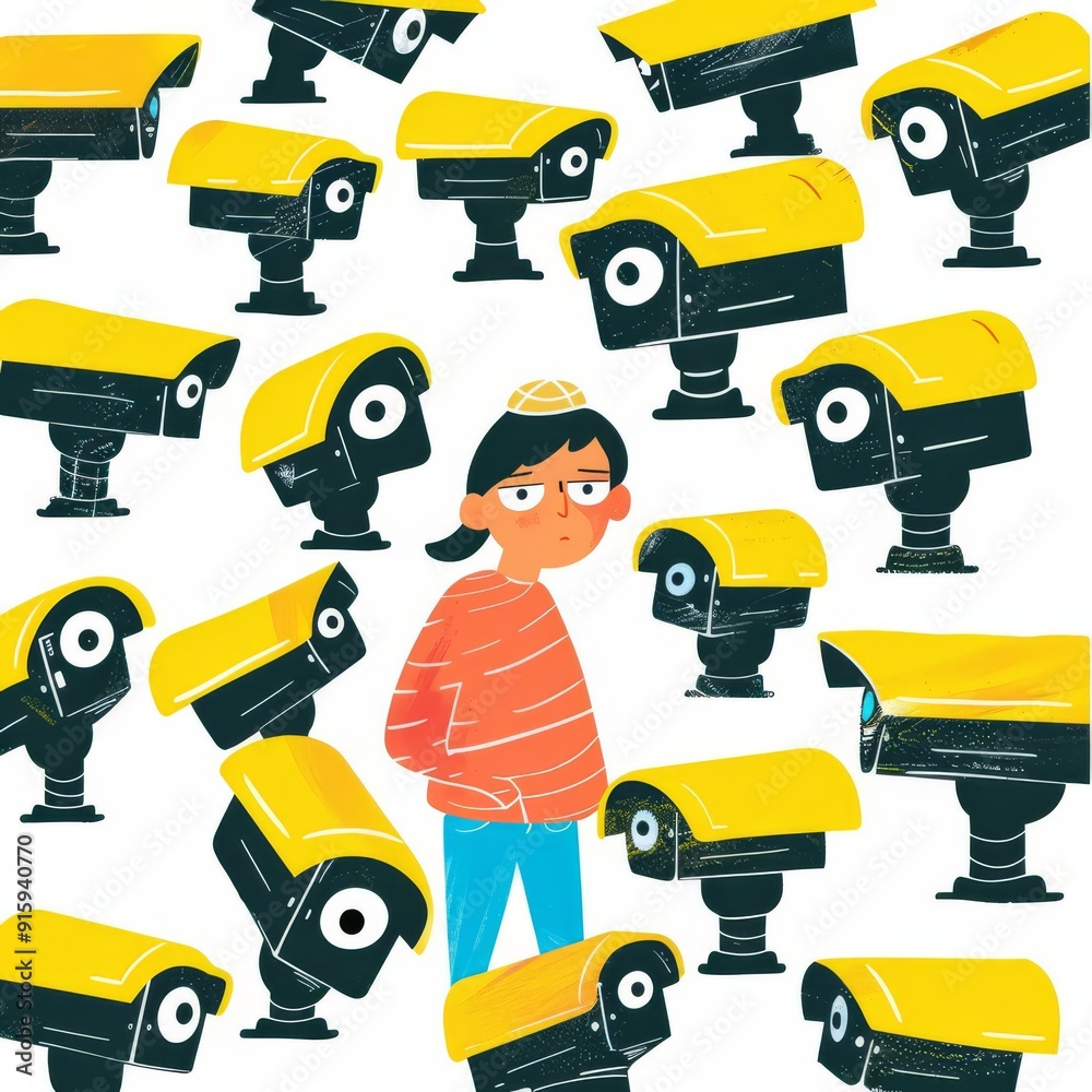 A person surrounded by security cameras, no privacy concept, cartoon style, bold colors, isolated on white background A person surrounded by security cameras, no privacy concept, cartoon style, bold colors, isolated on white background