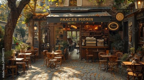 Fototapeta Naklejka Na Ścianę i Meble -  Charming Parisian Cafe with Outdoor Seating in Stunning 32k UHD AR 16:9 Style