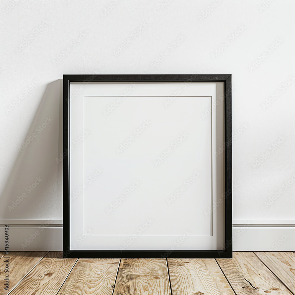 A blank picture frame leaning against a wall on wooden flooring. A blank picture frame leaning against a wall on wooden flooring.