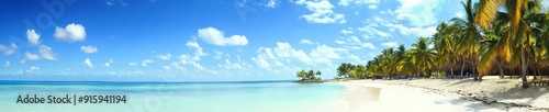 View of the white sand beach and azure water. Caribbean paradise