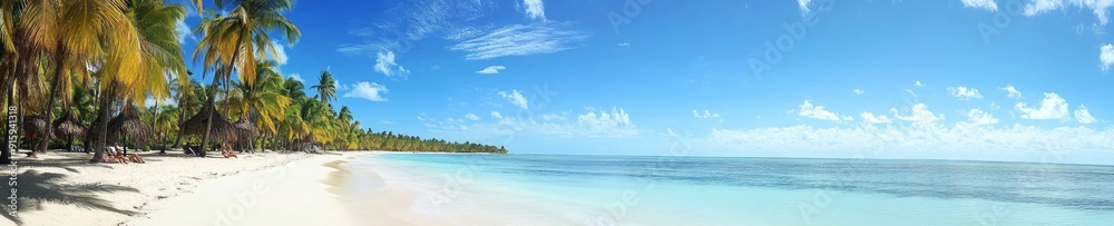 View of the white sand beach and azure water. Caribbean paradise View of the white sand beach and azure water. Caribbean paradise
