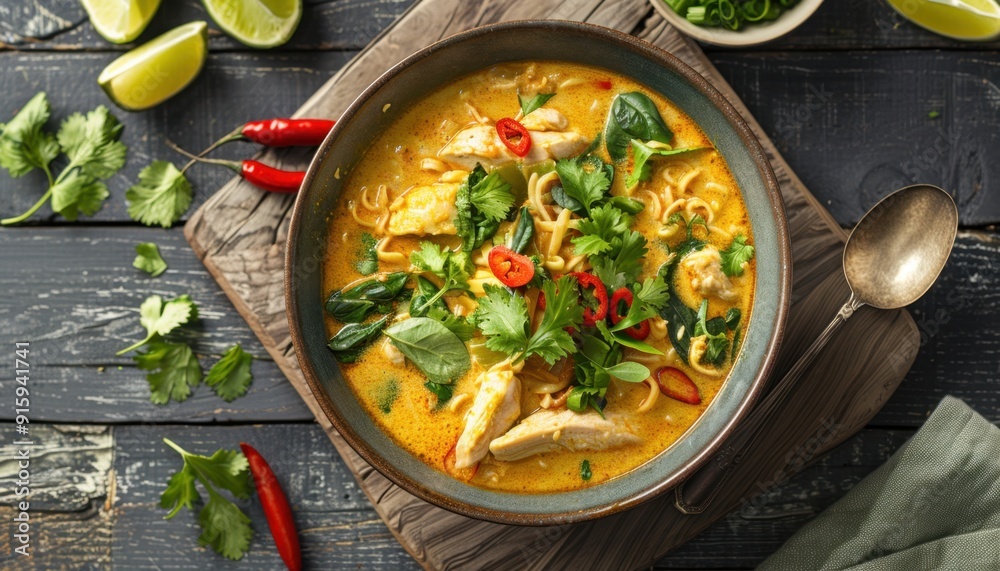 A bowl of spicy chicken noodle soup garnished with fresh herbs, chili, and lime, served on a wooden board with additional lime wedges A bowl of spicy chicken noodle soup garnished with fresh herbs, chili, and lime, served on a wooden board with additional lime wedges