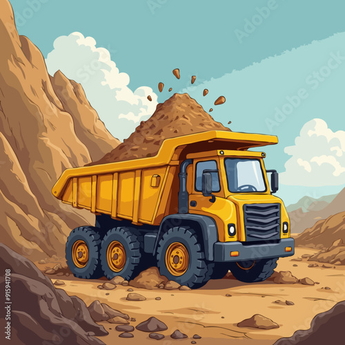 Vector illustration color children construction dump truck carrying dirt