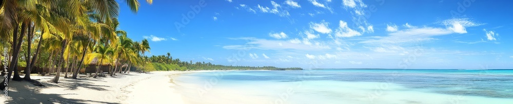View of the white sand beach and azure water. Caribbean paradise View of the white sand beach and azure water. Caribbean paradise