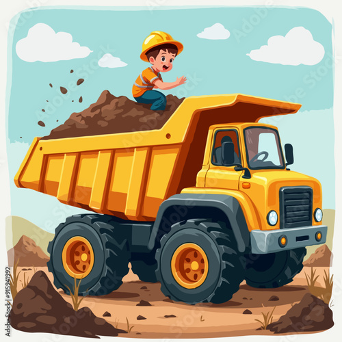 Vector illustration color children construction dump truck carrying dirt