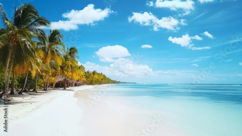 Fototapeta Naklejka Na Ścianę i Meble -  View of the white sand beach and azure water. Caribbean paradise