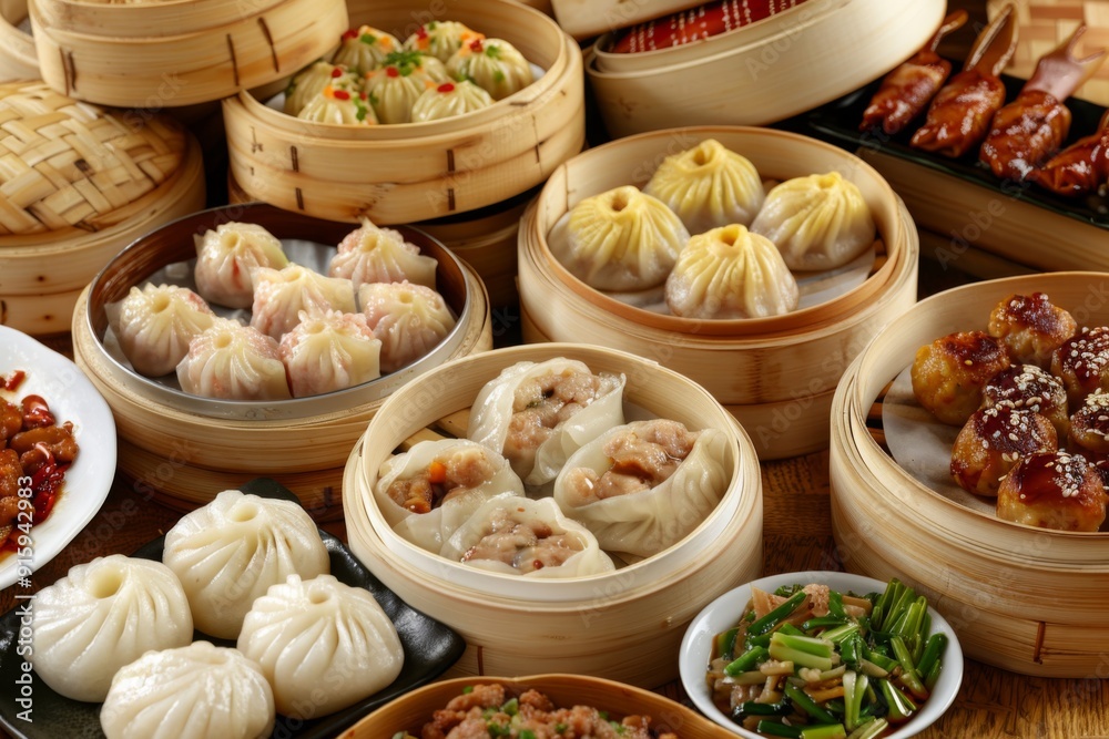 Obraz premium Chinese restaurant table filled with a variety of delicious dim sum, including steamed buns, dumplings, and traditional dishes, with an authentic and vibrant dining atmosphere