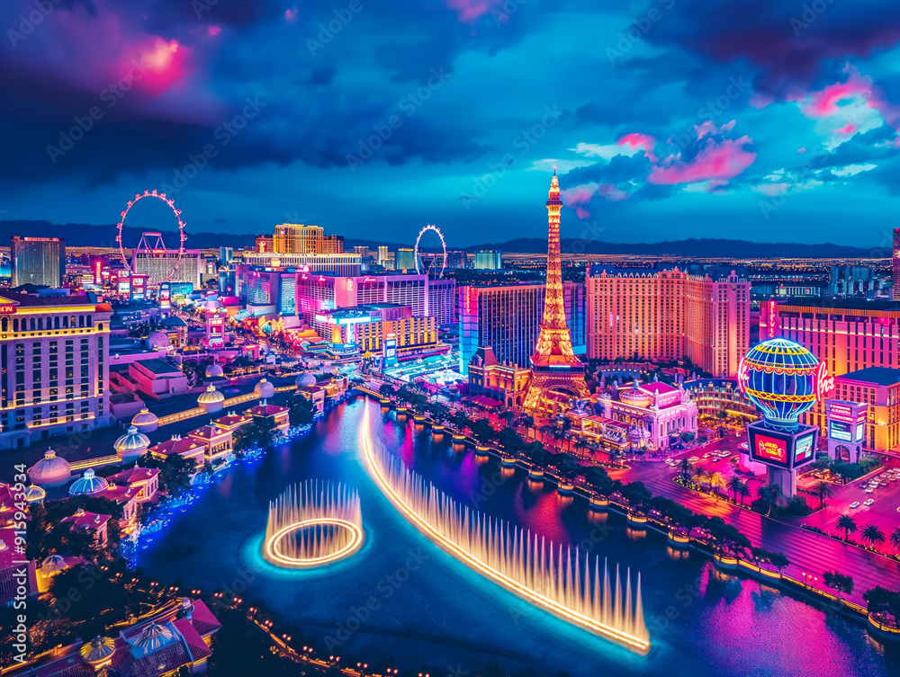 A city skyline with a large fountain in the middle. The fountain is lit up in neon colors, creating a vibrant and lively atmosphere. The city is bustling with activity