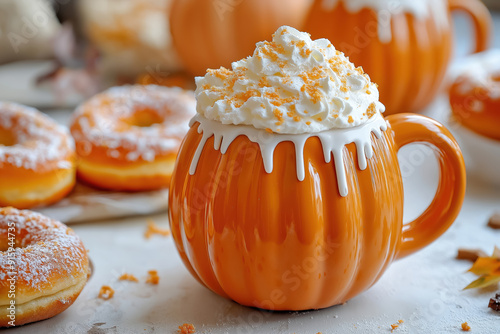 ozy autumn themed table setting with orange pumpkin shaped mug topped with whipped cream photo