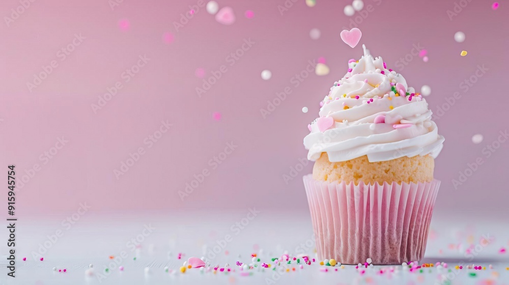 Close-up of a vanilla cupcake with buttercream frosting and sprinkles. Close-up of a vanilla cupcake with buttercream frosting and sprinkles.