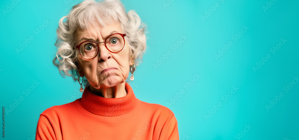 Elderly senior woman wearing glasses with suspicious look, funny studio banner copy space on side. Generative AI