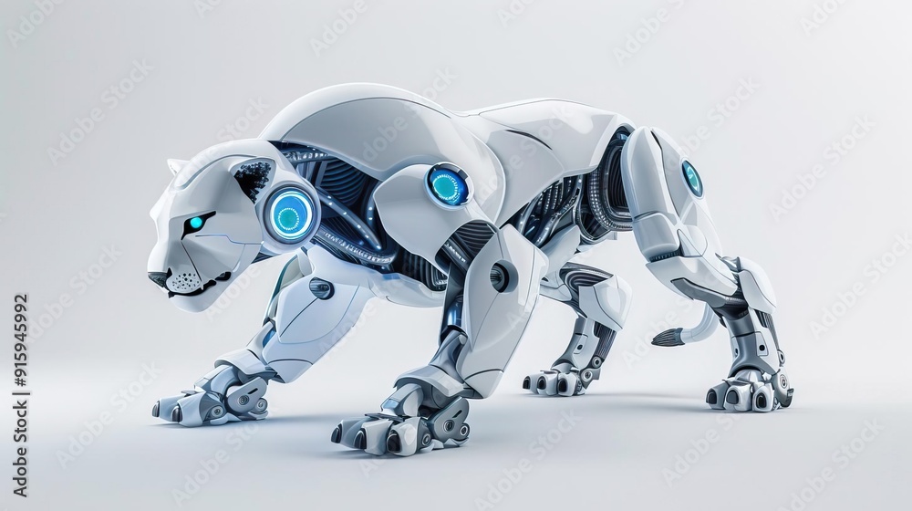 White robotic panther with blue glowing eyes. White robotic panther with blue glowing eyes.