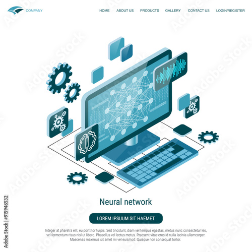 Neural network, deep learning, digital mind, artificial intelligence flat 3d isometric vector concept illustration