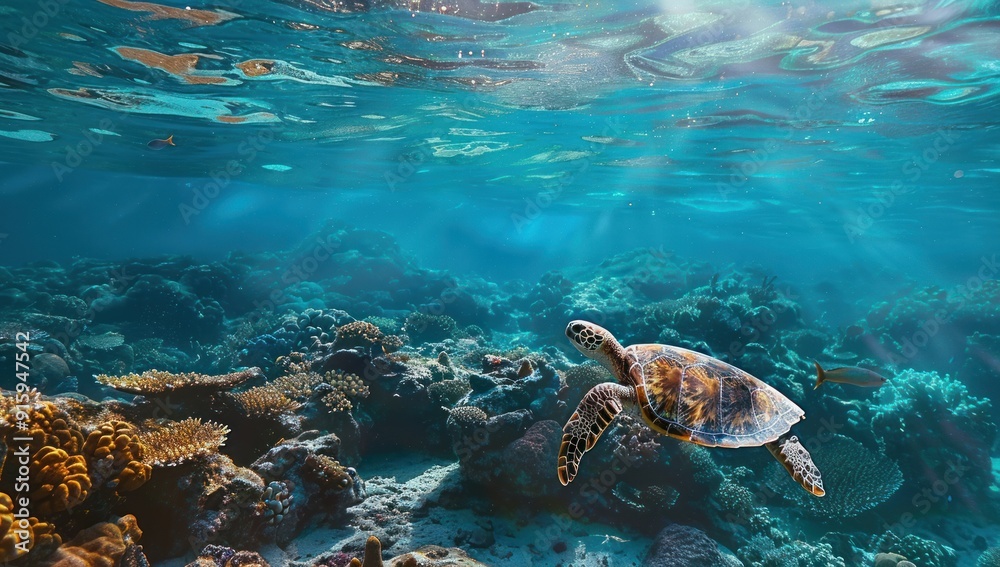 Obraz premium Sea Turtle Swimming in a Vibrant Coral Reef