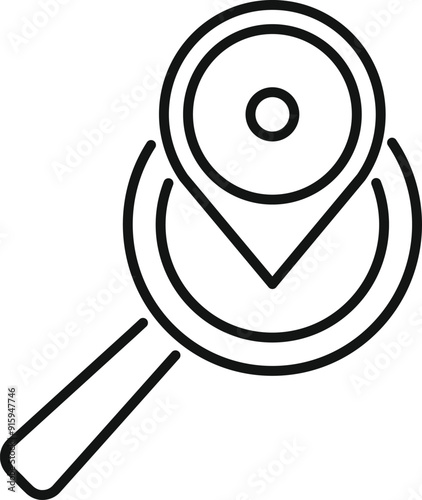 Line icon of a magnifying glass over a location pin, representing the concept of searching for a place