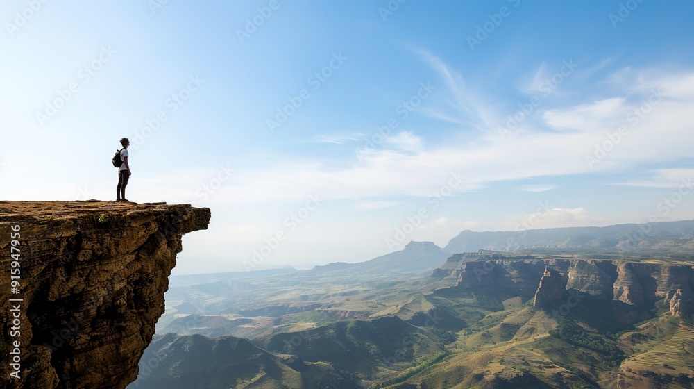 Adventurous hiker standing on a cliff edge overlooking a valley, travel and exploration, breathtaking view Adventurous hiker standing on a cliff edge overlooking a valley, travel and exploration, breathtaking view