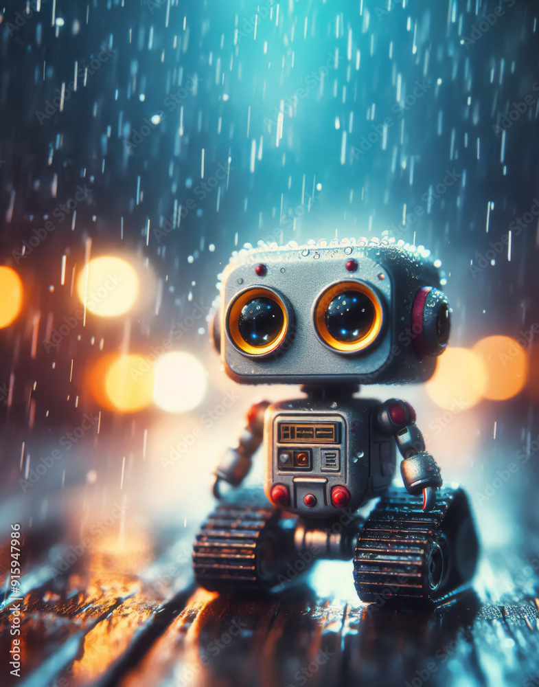 Naklejka premium Small robot, cute rectangular body, treaded wheels, compact head, expressive binocular-like eyes, sad ,going on heavy rain, in the street at night