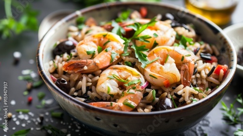 The national cuisine of Canada. Wild rice with shrimp.