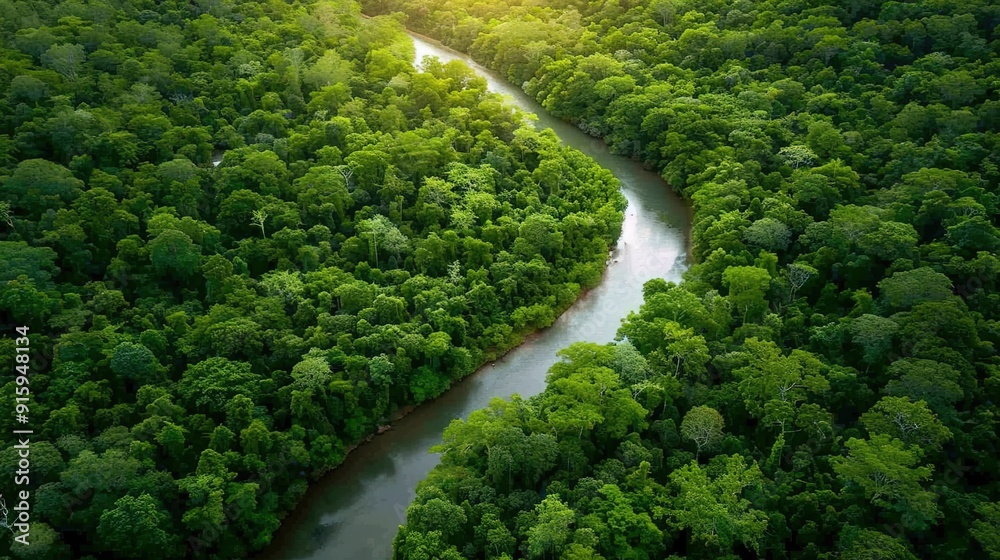 Serene Aerial View of Untouched Wilderness - Lush Forest and Winding River Landscape in Natural Beauty Serene Aerial View of Untouched Wilderness - Lush Forest and Winding River Landscape in Natural Beauty