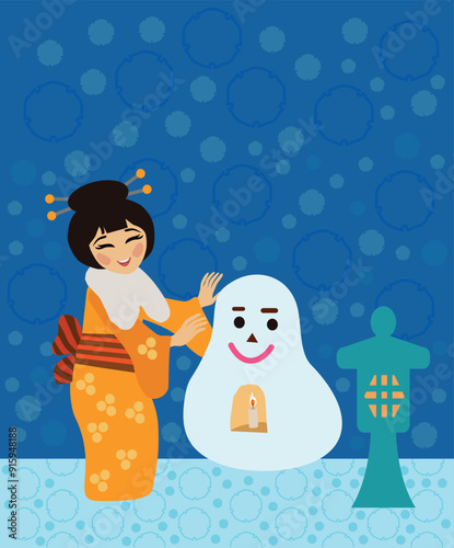 Vector illustration of kokeshi making Yuki Daruma snowman under snowfall.