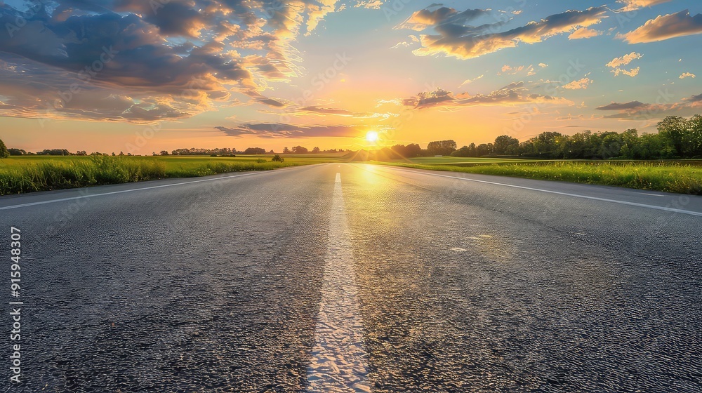A long, straight road stretching towards the horizon, illuminated by the golden glow of a setting sun. The sky is filled with wispy clouds, casting long shadows across the asphalt. A long, straight road stretching towards the horizon, illuminated by the golden glow of a setting sun. The sky is filled with wispy clouds, casting long shadows across the asphalt.