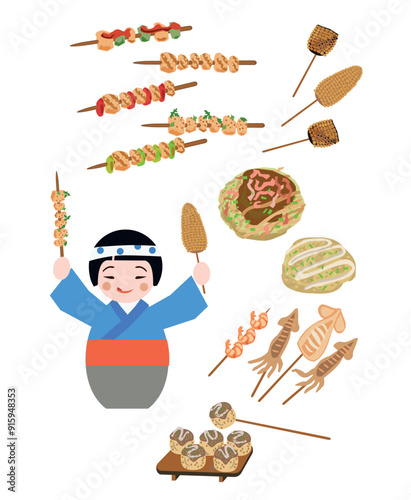 Vector illustration of cartoon boy in stylized kokeshi and with japanese festival street food on white background isolateVector illustration of kokeshi boy and with japanese street food  photo