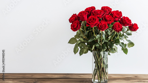 Wallpaper Mural Bouquet of red roses, beautifully arranged in a vase on a wooden table with a white background, creating a striking contrast.

 Torontodigital.ca