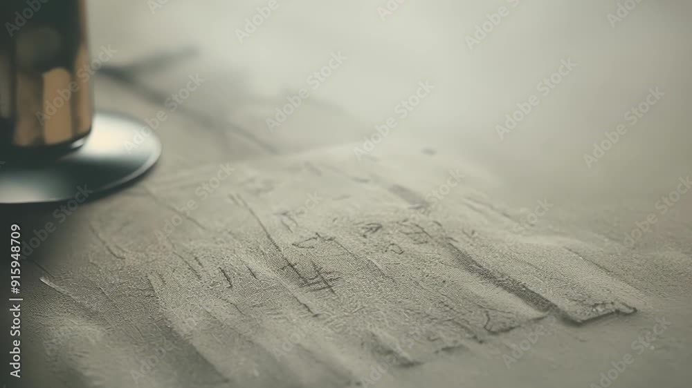 Closeup of a desk covered in a thick layer of dust with the outlines of objects and writing clearly visible in the build up.