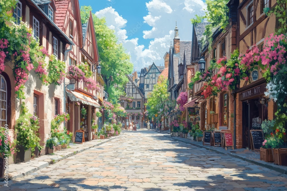 Obraz premium A picturesque European tourist location, featuring charming cobblestone streets, historic buildings, and bustling cafes. Abstract image. Generative AІ