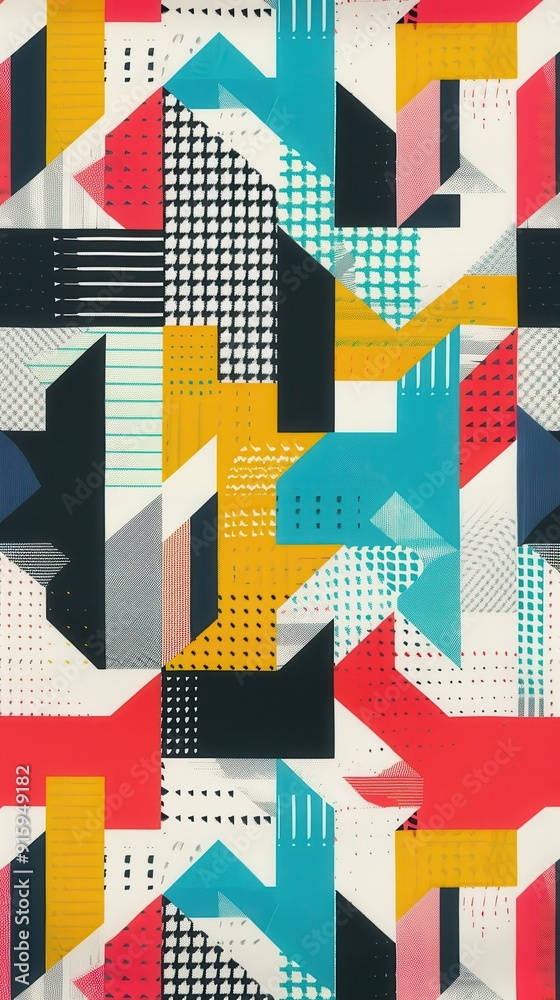 Fototapeta premium Textile showcases a vibrant arrangement of geometric patterns in various colors and shapes