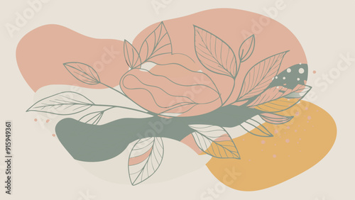 Abstract Botanical Illustration with Peaches and Leaves in Warm Tones