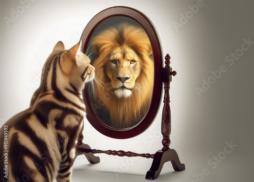 cat what sees herself in the mirror as a grown up lion with a mane, believe that anything is possible photo