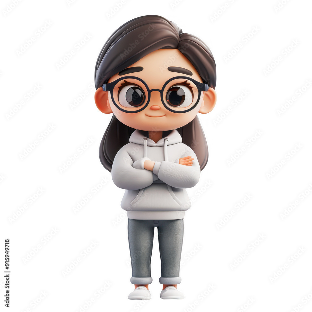 3D Cartoon Character Smart Girl Wearing Glasses and Casual Clothes with Arms Crossed PNG Illustration on Transparent Background. 3D Cartoon Character Smart Girl Wearing Glasses and Casual Clothes with Arms Crossed PNG Illustration on Transparent Background.