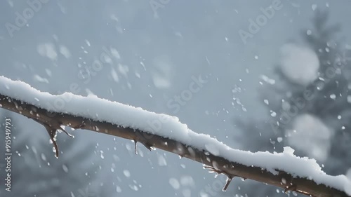 A slowmotion shot of large snowflakes accumulating on a thin branch creating a fragile and delicate appearance. photo