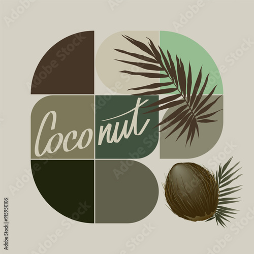 Coconut fruit with palm branch on abstract geometric background. Botanical wall art vector. Earth tone boho foliage hand drawing text with abstract shapes. Plant art for print, t-shirt, poster, banner