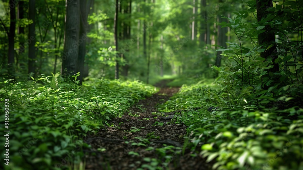 Fototapeta premium Serene Forest Path with Diverse Wildlife Encountering Ecological Milestones