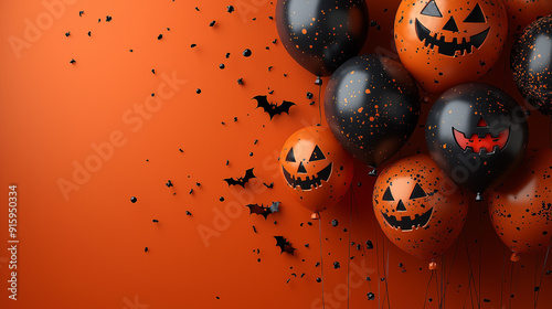 Halloween Balloons with Pumpkin Faces and Confetti on Orange Background for Halloween and Festive Decoration Themes photo