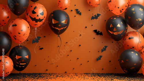 Halloween Balloons with Pumpkin Faces and Confetti on Orange Background for Halloween and Festive Decoration Themes photo