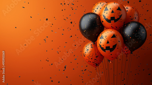 Halloween Balloons with Pumpkin Faces and Confetti on Orange Background for Halloween and Festive Decoration Themes photo