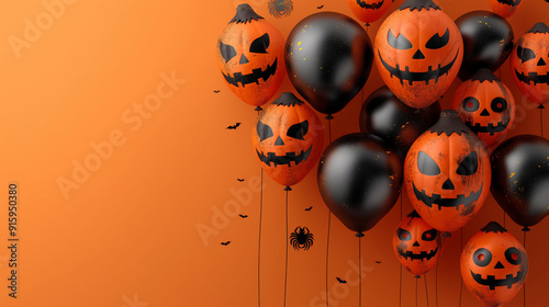 Halloween Balloons with Pumpkin Faces and Confetti on Orange Background for Halloween and Festive Decoration Themes photo
