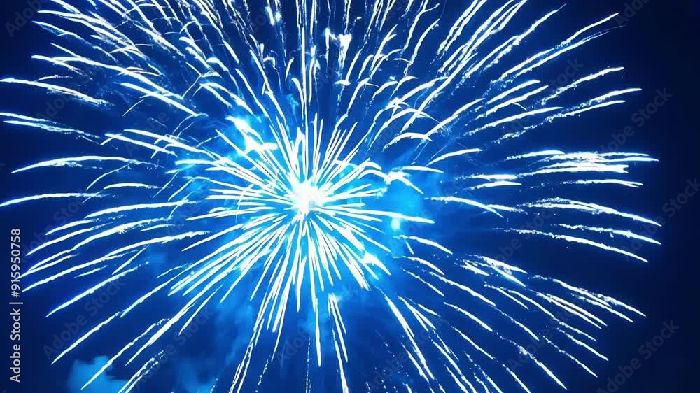 A closeup of a deep blue firework reveals the inner combustion as it explodes creating a stunning display of light and color.