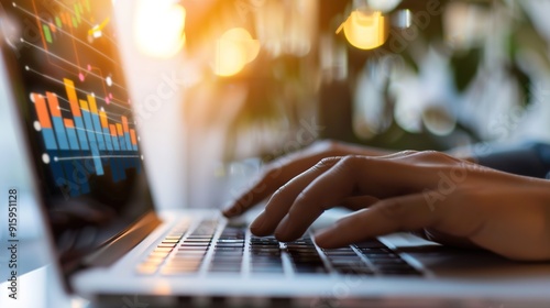 Hands typing on a laptop showing a dashboard with earnings percentages, remote work, financial growth