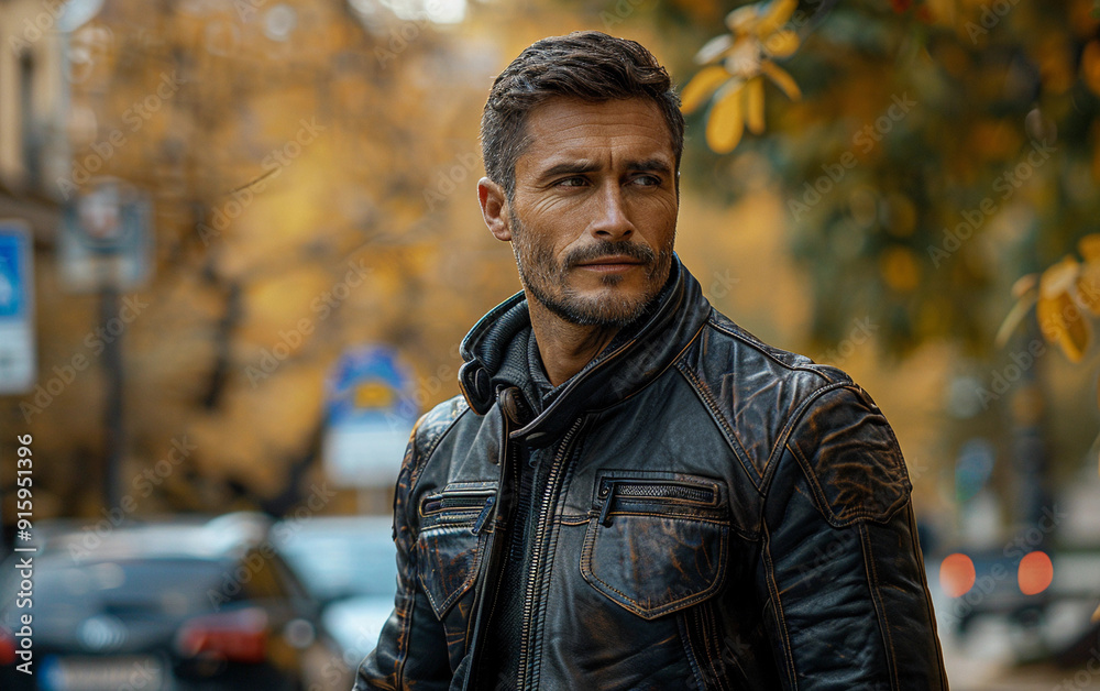 A man in a leather jacket is walking down a street. The jacket is black and has a brown lining. The street is lined with trees A man in a leather jacket is walking down a street. The jacket is black and has a brown lining. The street is lined with trees