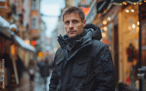 A man wearing a black coat stands in front of a store with Christmas lights. The scene is set in a city street with a few other people walking around